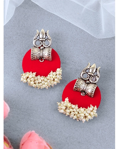 Divine Oxidised Silver Pearl Trisula Earrings for Women and Girls-1