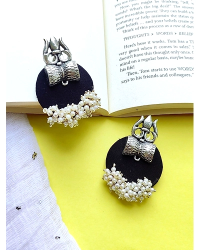 Divine Oxidised Silver Pearl Trisula Earrings for Women and Girls-2