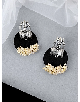Divine Oxidised Silver Pearl Trisula Earrings for Women and Girls