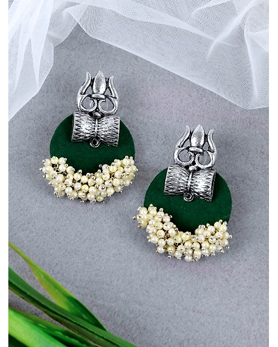 Divine Oxidised Silver Pearl Trisula Earrings for Women and Girls-3