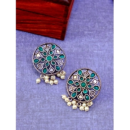 Gonasika Oxidised Silver Floral Green Kundan & White Pearl Round Earrings for Women