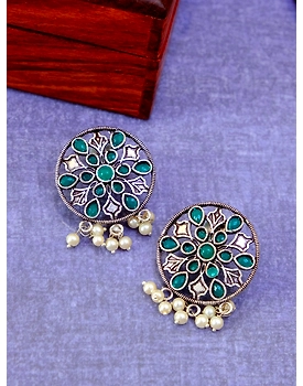 Oxidised Silver Floral Green Kundan & White Pearl Round Earrings for Women