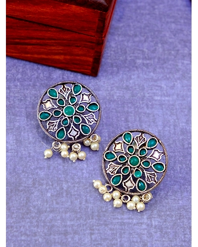 Oxidised Silver Floral Green Kundan &amp; White Pearl Round Earrings for Women-12668339