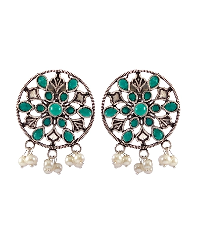 Oxidised Silver Floral Green Kundan &amp; White Pearl Round Earrings for Women-1