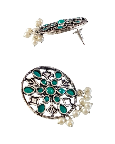 Oxidised Silver Floral Green Kundan &amp; White Pearl Round Earrings for Women-2