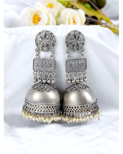 Oxidised Silver Jhumka Earrings Traditional Indian Goddess Laxmi Design for Red Saree Matching Jewellery-12668333