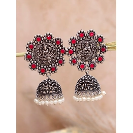 Gonasika Pink Crystal Oxidised Silver Long Jhumka Earrings for Women & Girls