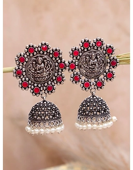 Pink Crystal Oxidised Silver Long Jhumka Earrings for Women & Girls