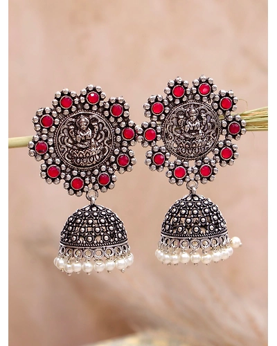 Pink Crystal Oxidised Silver Long Jhumka Earrings for Women &amp; Girls-12668331