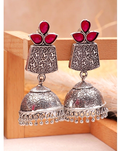 Pink Crystal Oxidised Silver Long Jhumka Earrings for Women &amp; Girls-1