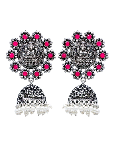 Pink Crystal Oxidised Silver Long Jhumka Earrings for Women &amp; Girls-2