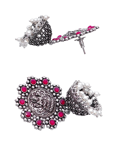 Pink Crystal Oxidised Silver Long Jhumka Earrings for Women &amp; Girls-3