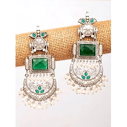 Gonasika Oxidised Silver Long Danglers - Green Ethnic Earrings for Women with Pearls
