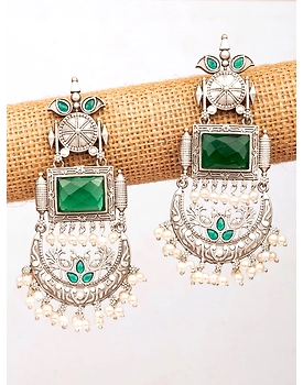 Oxidised Silver Long Danglers - Green Ethnic Earrings for Women with Pearls