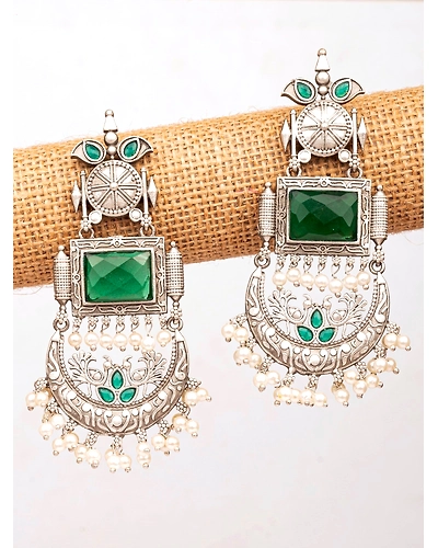 Oxidised Silver Long Danglers - Green Ethnic Earrings for Women with Pearls-12668329