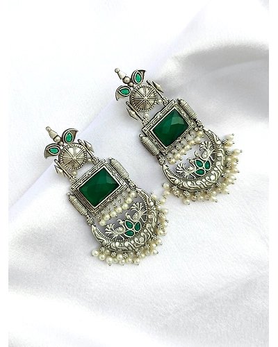 Oxidised Silver Long Danglers - Green Ethnic Earrings for Women with Pearls-1