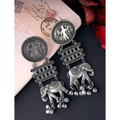 Gonasika Elegant Oxidised Silver Elephant Drop Earrings For Stunning Women