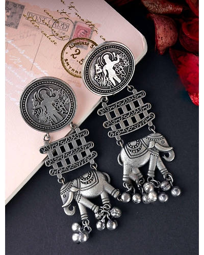 Elegant Oxidised Silver Elephant Drop Earrings For Stunning Women-12668327