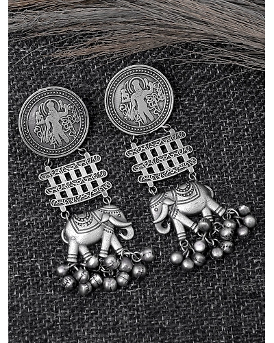 Elegant Oxidised Silver Elephant Drop Earrings For Stunning Women-1