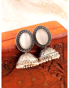 Chic Oxidised Silver Jhumkas with White Crystal Beads for Fashionistas