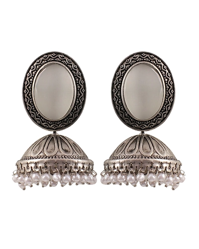 Chic Oxidised Silver Jhumkas with White Crystal Beads for Fashionistas-2