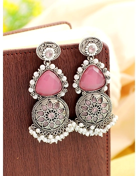 Pink Stone Studded Oxidised Silver Earrings for Girls