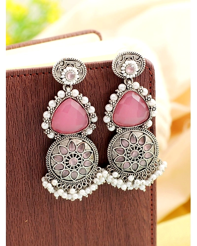Pink Stone Studded Oxidised Silver Earrings for Girls-12668319