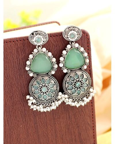 Pink Stone Studded Oxidised Silver Earrings for Girls-1