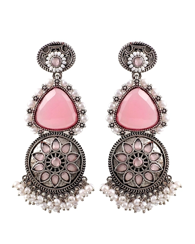 Pink Stone Studded Oxidised Silver Earrings for Girls-2