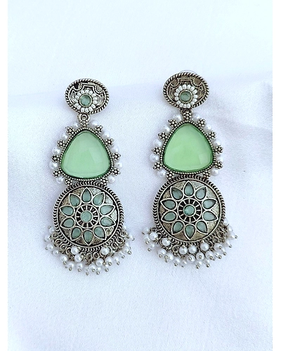 Pink Stone Studded Oxidised Silver Earrings for Girls-3