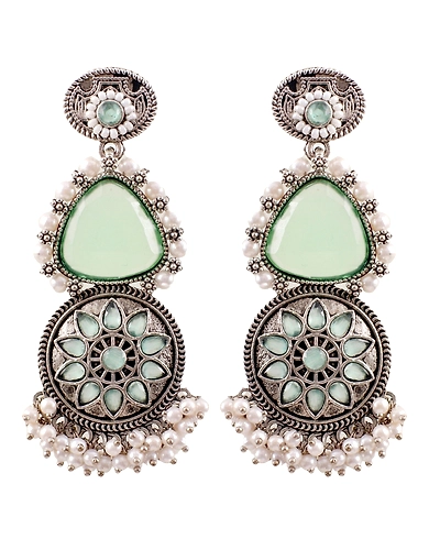 Pink Stone Studded Oxidised Silver Earrings for Girls-4