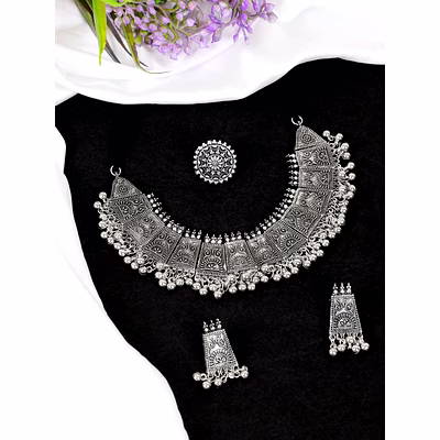 gonasika stunning traditional oxidised silver choker necklace boho jewellery set