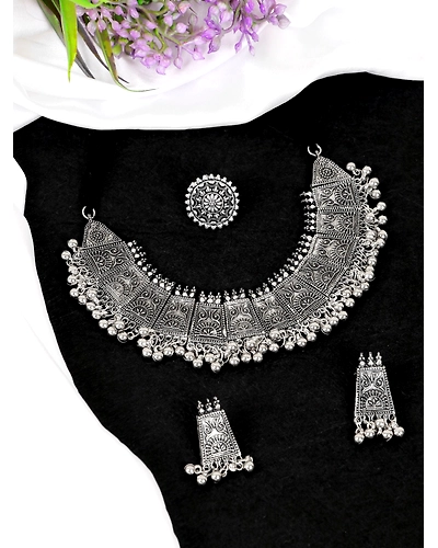 Stunning Traditional Oxidised Silver Choker Necklace BOHO Jewellery Set-12668317