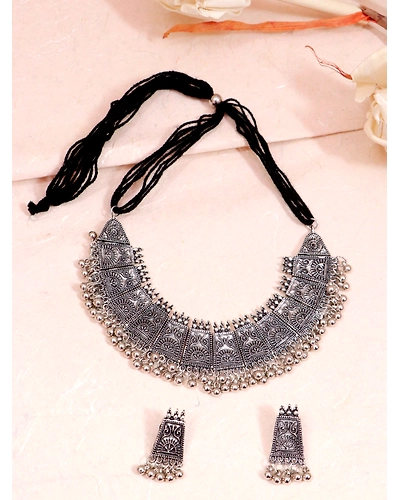 Stunning Traditional Oxidised Silver Choker Necklace BOHO Jewellery Set-1