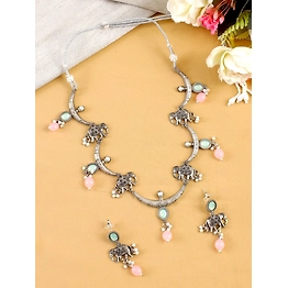 Gonasika Oxidised Silver Elephant Pattern Pink-Mint Green Drops Jewelry Set for Women