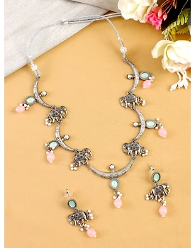 Oxidised Silver Elephant Pattern Pink-Mint Green Drops Jewelry Set for Women