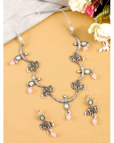 Oxidised Silver Elephant Pattern Pink-Mint Green Drops Jewelry Set for Women-12668315