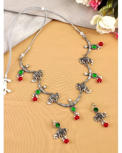 Oxidised Silver Elephant Pattern Pink-Mint Green Drops Jewelry Set for Women-1