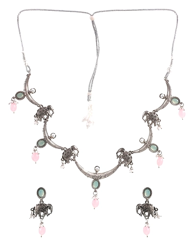 Oxidised Silver Elephant Pattern Pink-Mint Green Drops Jewelry Set for Women-2