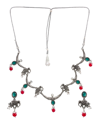 Oxidised Silver Elephant Pattern Pink-Mint Green Drops Jewelry Set for Women-3