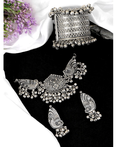 Handcrafted Oxidised Silver Plated Peacock Choker Jewellery Set-1