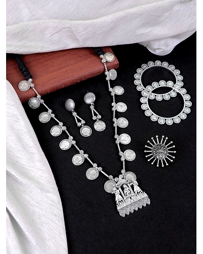 Handmade Oxidised Silver Boho Style Coin Jewellery Set for Women-12668299