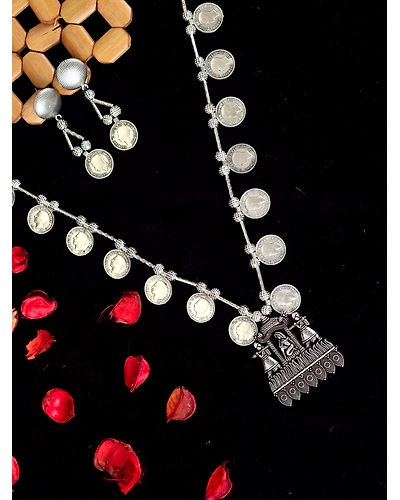 Handmade Oxidised Silver Boho Style Coin Jewellery Set for Women-2
