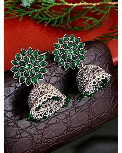 Nisha Oxidised Jhumkas - Oxidised Silver Floral Jhumki Earrings for Women-12668295