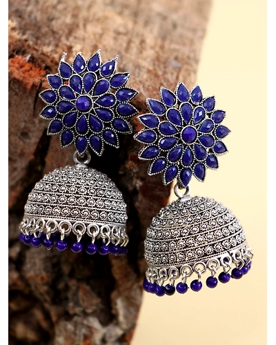 Nisha Oxidised Jhumkas - Oxidised Silver Floral Jhumki Earrings for Women-2