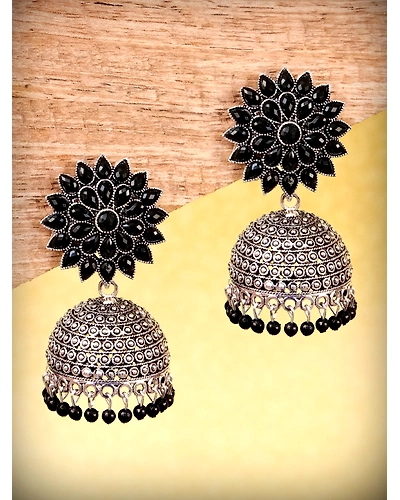 Nisha Oxidised Jhumkas - Oxidised Silver Floral Jhumki Earrings for Women-3