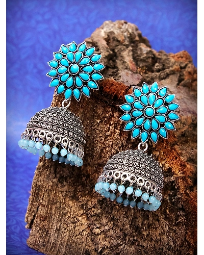 Nisha Oxidised Jhumkas - Oxidised Silver Floral Jhumki Earrings for Women-4
