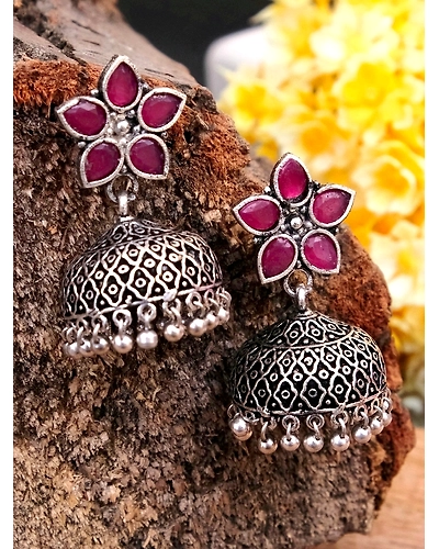 Meher Indian Oxidised Silver Jhumki Earrings-12668293