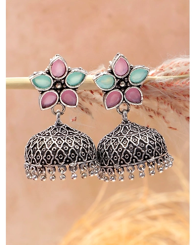 Meher Indian Oxidised Silver Jhumki Earrings-1