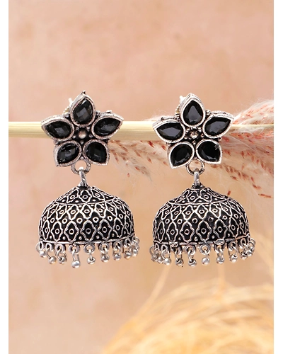 Meher Indian Oxidised Silver Jhumki Earrings-2